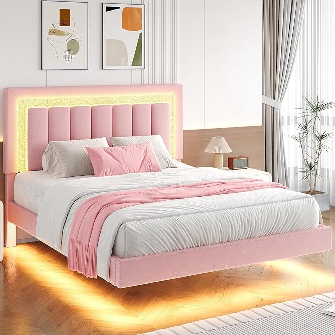 HOMBCK Floating Bed Frame Full with Smart LED Lights, Faux Leather Upholstered Platform Bed with Diamond PU Headboard, No Box Spring Needed, Noise-Free, Easy Assembly, Pink