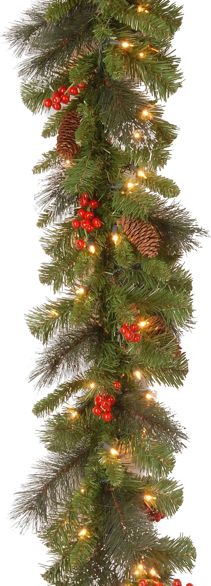 National Tree Company 9 ft Pre-Lit Crestwood Spruce Artificial Christmas Garland, Christmas Decoration with Glitter, Pinecones, Red Berries, 50 Clear Lights, 180 Tips, Green