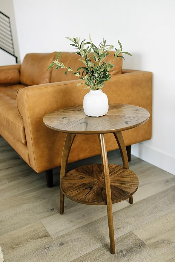 Martin Svensson Home Retro Mid-Century Modern Round Wood End Table, Solid Grain Side Table with Lower Shelf, Small Accent Table for Living Room or Nightstand. Nutmeg Brown.