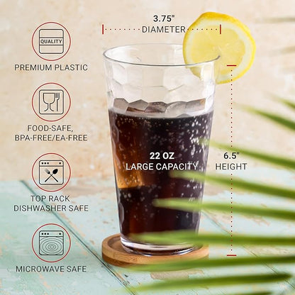 Hammered Plastic Drinking High Tumbler, Dishwasher-Safe Premium Quality Glasses, BPA-Free Reusable Outdoor Cups, 22 oz Set of 6