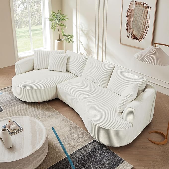 122'' Modern Curved Cloud Sofa Luxury Living Room 5 Seater Sectional Sofa Curve Design Comfortable Upholstered Sofas with Toffee Chair for Living Room Bedroom Apartment(Corduroy+Left Facing, White)