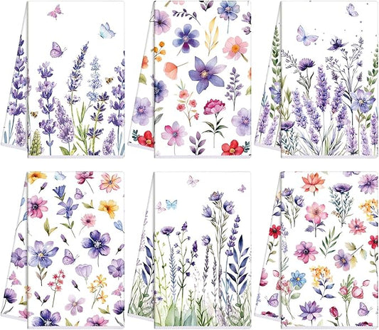 Oudain Spring Kitchen Dish Towels Set of 6 Lavender Floral Butterfly Holiday Tabletop Decor