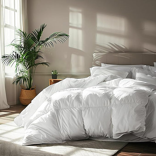 Serta Goose Feather Down Fiber Cotton Comforter Queen Size - 100% Cotton Duvet Insert - Hotel Luxury Hypoallergenic Bedding Comforter All Season Medium Warmth 90 x 90 Inch White