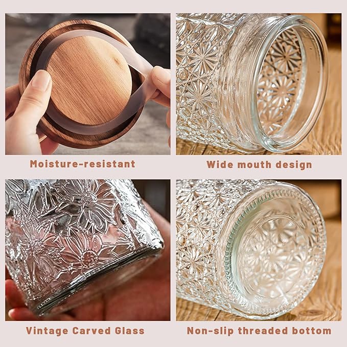 Vintage Glass Jars with Wooden Lids, 24 oz Airtight Glass Food Storage Containers Sets for the Kitchen, Sugar Coffee Tea Cookie Candy Spice Pasta（Sunflower）