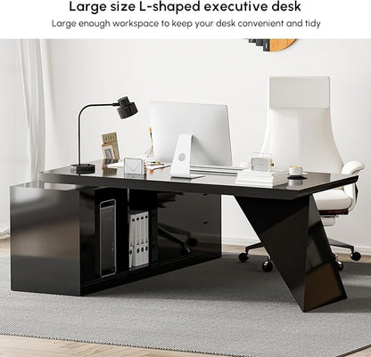 homary 70.9" Modern L-Shape Executive Desk, Home Office Desk with Drawers & Cabinet Modern Computer Desk for Home Business Furniture, Black, Right Hand