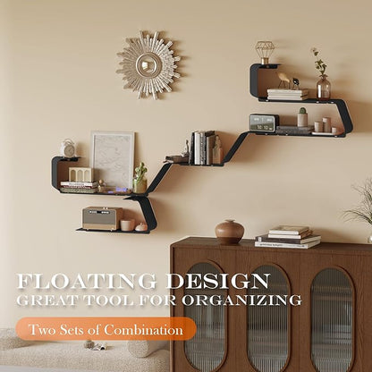 Floating Shelves, Wall Shelf, Set of 3 Wall Mounted Metal Shelves with Unique Design for Wall Storage, Book Shelf, Display Shelves for Bathroom Bedroom Kitchen Living Room for Home Black