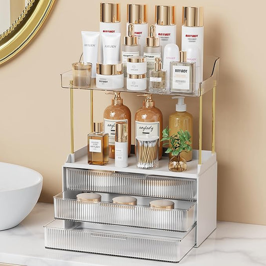 Bathroom Organizers and Storage, Makeup Organizer (Sturdy Durable Attractive), Ideal for Vanity, Countertop, Counter, Perfume, Skincare, Cabinet, Cosmetic, Dresser Organizer (White)