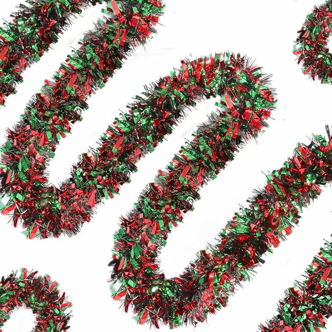 50Ft Christmas Tinsel Garland - Red Green Black Shiny Metallic Twist Decor for Christmas Tree Home Stairs Railing Front Door Mantle Fireplace Indoor Outdoor Holiday Party