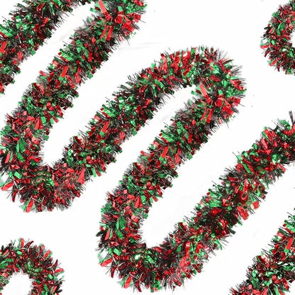 50Ft Christmas Tinsel Garland - Red Green Black Shiny Metallic Twist Decor for Christmas Tree Home Stairs Railing Front Door Mantle Fireplace Indoor Outdoor Holiday Party