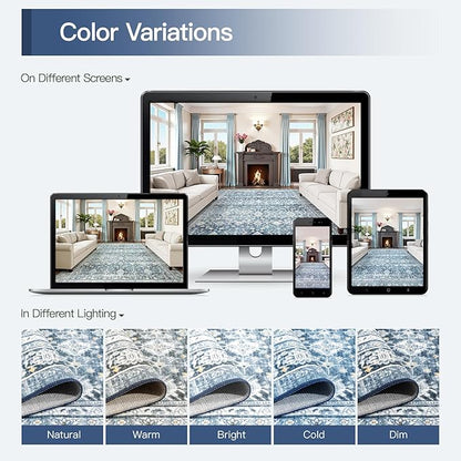 Lofus 9x12 Area Rug for Living Room,Blue Washable Area Rugs with Non-Slip Backing,Soft Boho Carpets for Bedroom Dining Room Home Office Indoor Nursery