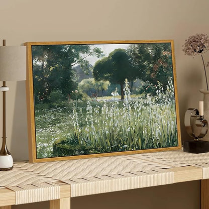 KBKBART Framed Canvas Wall Art, Vintage Meadow with Flowers Oil Painting, Classical Canvas Artwork Decor, Scenery Wall Art Prints for Bedroom Living Room, Bathroom Decor, Gallery, Gifts for Friends or Family (12"x16")