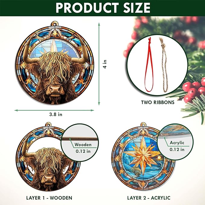 OASSIE Highland Cow Ornament for Christmas Tree - Suncatcher Christmas Ornaments 2025 - Farmhouse Brown Highland Cow Gifts for Women Men Mom Dad Family, Stocking Stuffers for Farm Xmas Decorations