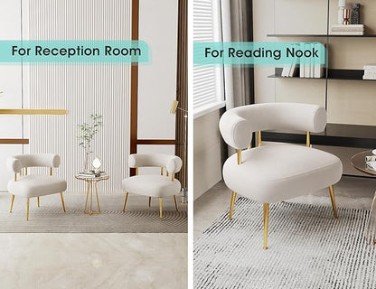 Modern Velvet Accent Chair, Round Upholstered Barrel Armchair for Small Spaces, Fluffy Side Corner Chair for Living Room, Bedroom, Vanity, Office, Reading Nook(Cream White)