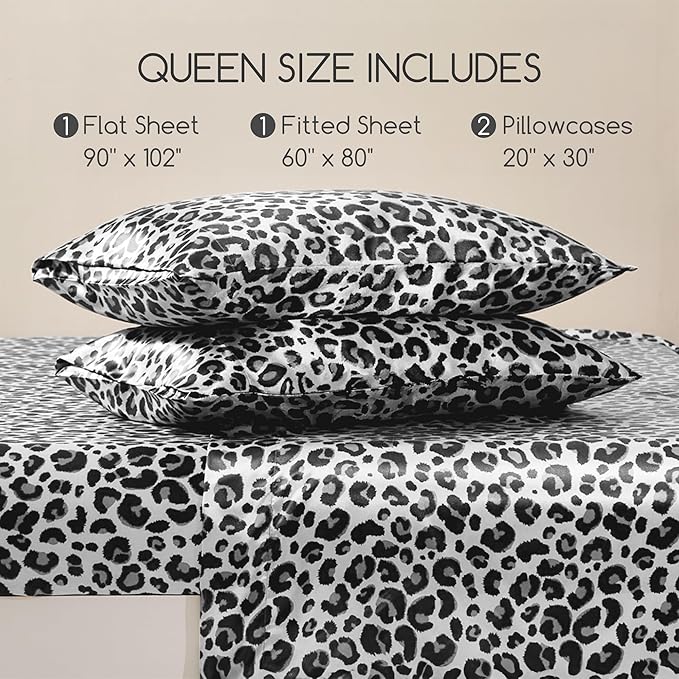MR&HM Satin Sheets with Elastic Corner Straps, Queen Size Sheets Set, 4 Pcs Silky Bedding Set with 15 Inches Deep Pocket for Mattress (Queen, White Leopard)