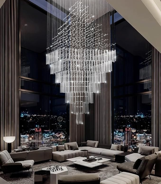 W40 x H120 Glam Chandelier with LED Bulbs Square Chandeliers, Crystal Raindrop High Ceiling Pendant Light for Entrance Large Villa Foyer Lighting Fixtures Gold
