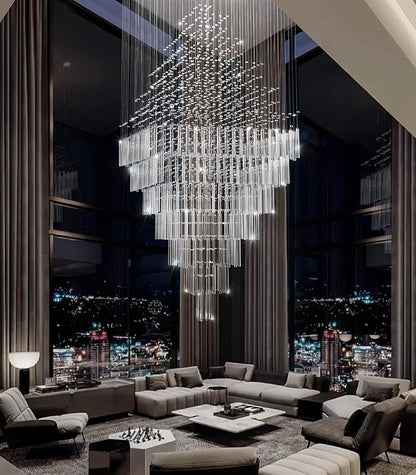 W40 x H120 Glam Chandelier with LED Bulbs Square Chandeliers, Crystal Raindrop High Ceiling Pendant Light for Entrance Large Villa Foyer Lighting Fixtures Gold
