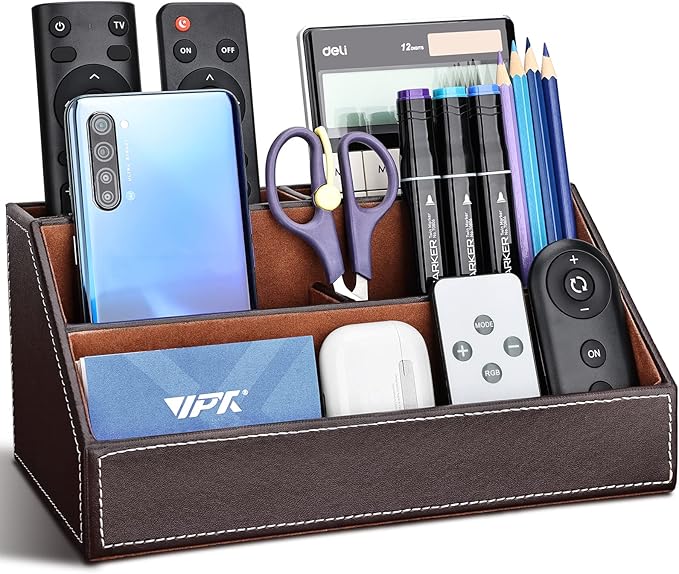 KINGFOM T31-6PCS/SET Desktop Organizer Supplies Set PU Leather Remote Control Collection Holder, Pencil Holder Box, Business Card Holder, Mouse Pad, Sticky Notes Paper and Dispenser