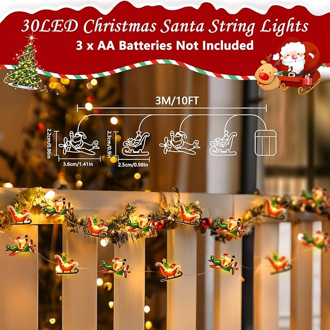 Coquimbo Christmas Lights Indoor Decorations, 10FT 30 LED Santa Claus Sleigh Christmas Tree String Lights Fairy Lights for Home Decor Xmas Tree Indoor Outdoor Holiday Party Decorations