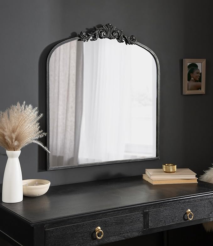 Kate and Laurel Arendahl Ornate Traditional Square Arched Mirror; 28 x 30; Antique Black Baroque Style Arch Vintage Wall Mirror with Wide Frame and Crown