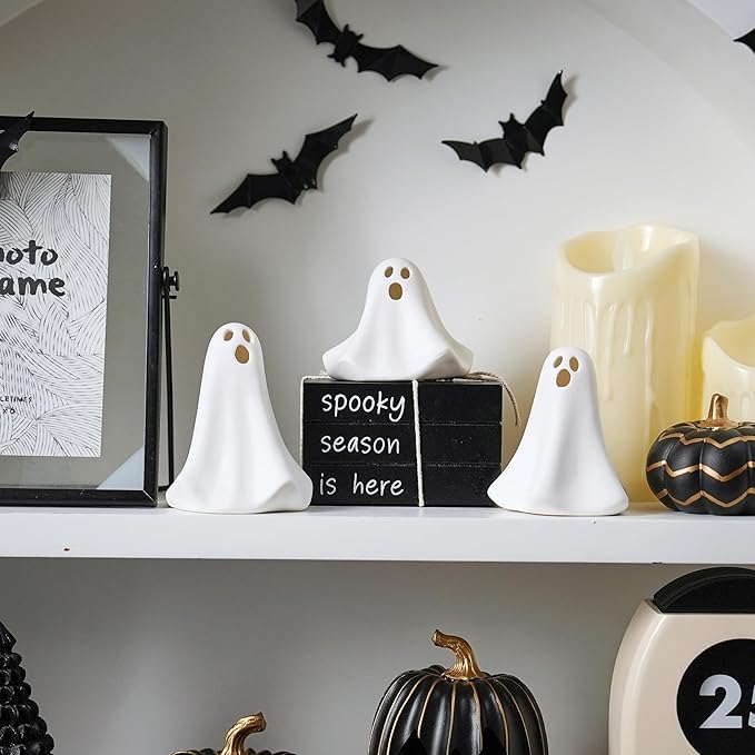 Ghost Decor, 3Pcs Light Up Ghosts for Indoor Halloween Decorations, Battery Powered White Mini Ghost Figurines with LED for Spooky Halloween, Home Tabletop Shelf Centerpieces