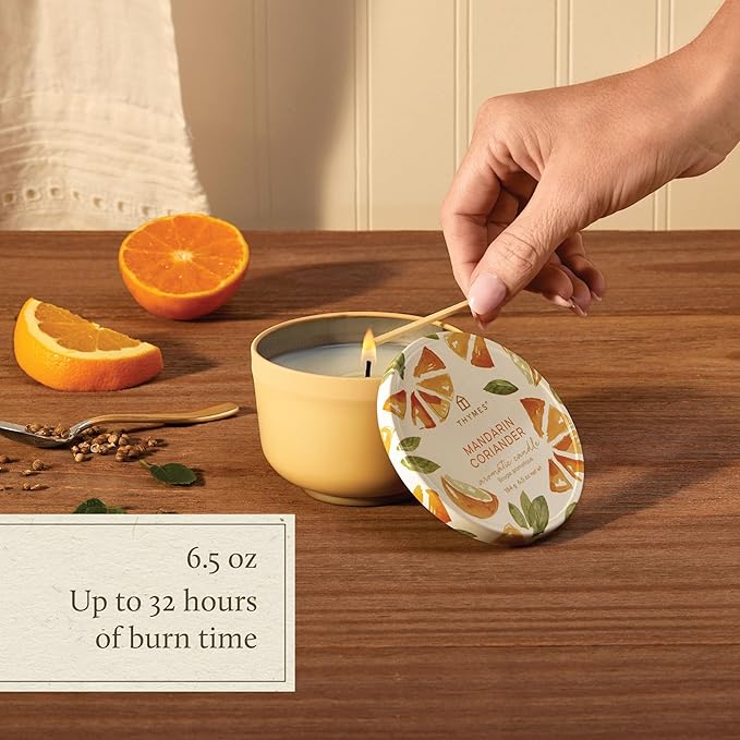 Thymes Scented Candles for Women & Men – Tin with Lid – Luxury Home Decor – Citrus Candle with Notes of Mandarin Oil, Coriander, Grapefruit, Lemon Balm & Green Ivy (Mandarin Coriander, 6.5 oz)