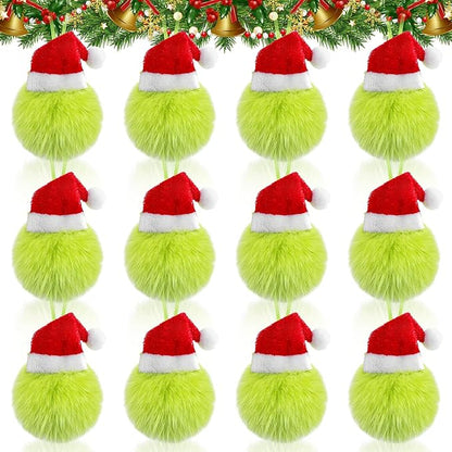 12 Pcs Lime Green Furry Christmas Balls Ornaments, 2.36 Inch Pom Pom Ball with Christmas Hat Hanging Decoration for Tree Green Christmas Home School Office Hanging Decor