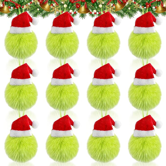 12 Pcs Lime Green Furry Christmas Balls Ornaments, 2.36 Inch Pom Pom Ball with Christmas Hat Hanging Decoration for Tree Green Christmas Home School Office Hanging Decor