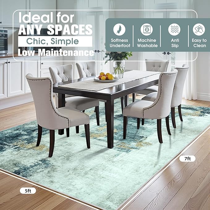 5x7 Area Rugs for Living Room Rug Washable: Abstract Rug for Dining Room Bedroom Carpet Non Slip 5 by 7 Indoor Modern Nursery Home Office Teal Grey Gold