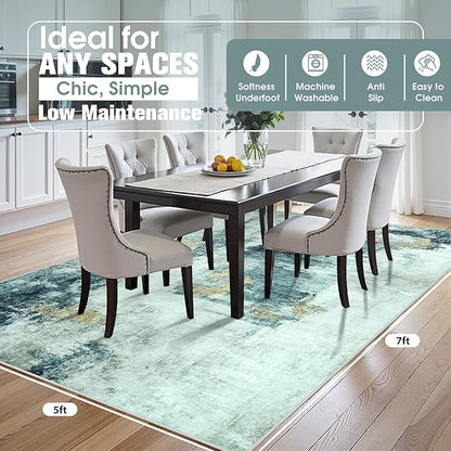 5x7 Area Rugs for Living Room Rug Washable: Abstract Rug for Dining Room Bedroom Carpet Non Slip 5 by 7 Indoor Modern Nursery Home Office Teal Grey Gold