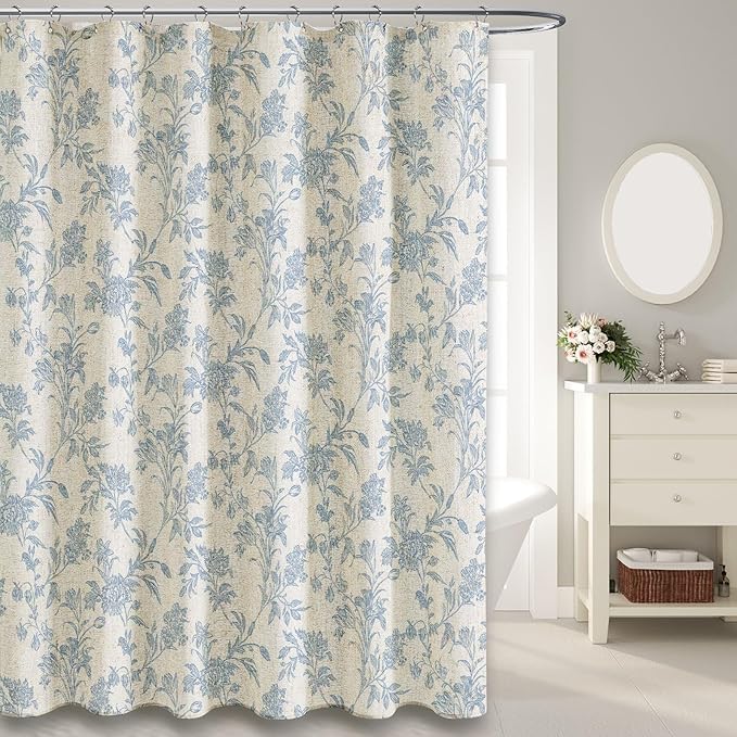 Extra Long Blue Shower Curtain Floral Cotton Linen Cottagecore Shower Curtain for Bathroom 90" L x 72" W