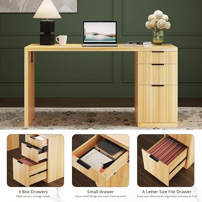 FURSUN 58" Modern Executive Desk with Storage, Home Office Desk with Drawer & Cabinet, Wooden Fluted Desk for Study, Living Room, Bedroom, Natural Oak