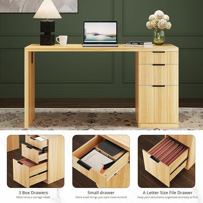 FURSUN 58" Modern Executive Desk with Storage, Home Office Desk with Drawer & Cabinet, Wooden Fluted Desk for Study, Living Room, Bedroom, Natural Oak