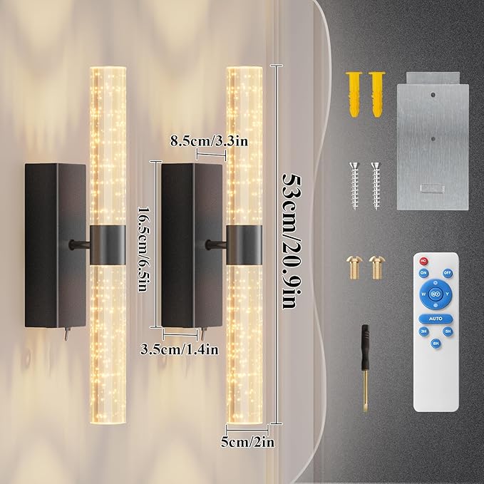 camuucci Battery Operated Black Wall Sconces Set of 2 Rechargeable Battery Powered Wall Light with 12000mAh Indoor Not Hardwired Dimmable Wall Lamp Fixtures for Bedroom Living Room 20.9 Inches
