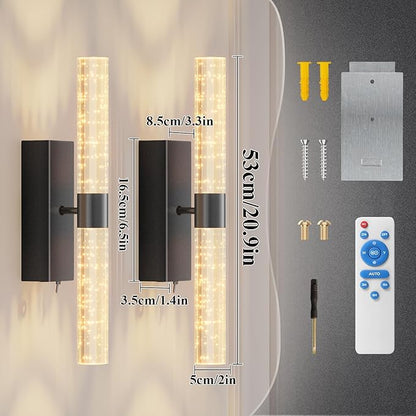 camuucci Battery Operated Black Wall Sconces Set of 2 Rechargeable Battery Powered Wall Light with 12000mAh Indoor Not Hardwired Dimmable Wall Lamp Fixtures for Bedroom Living Room 20.9 Inches