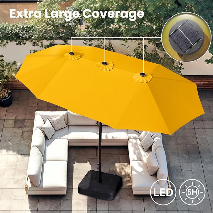 PHI VILLA 15ft Large Patio Umbrella with Solar Lights, Double-Sided Outdoor Market Rectangle Umbrellas with 36 LED Lights, Umbrella Base (Stand) Included, Golden Yellow