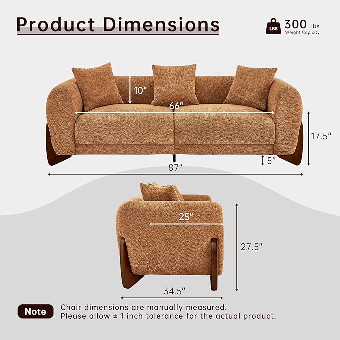 Morden Fort Boucle Sofa, Modern Upholstered Cloud Couch Durable Comfy Boucle Pet-Friendly Sofa Deep Seat with Wooden Leg & Pillow Sofas 3 Seater Couches for Living Room Bedroom Apartment Toffee Orange