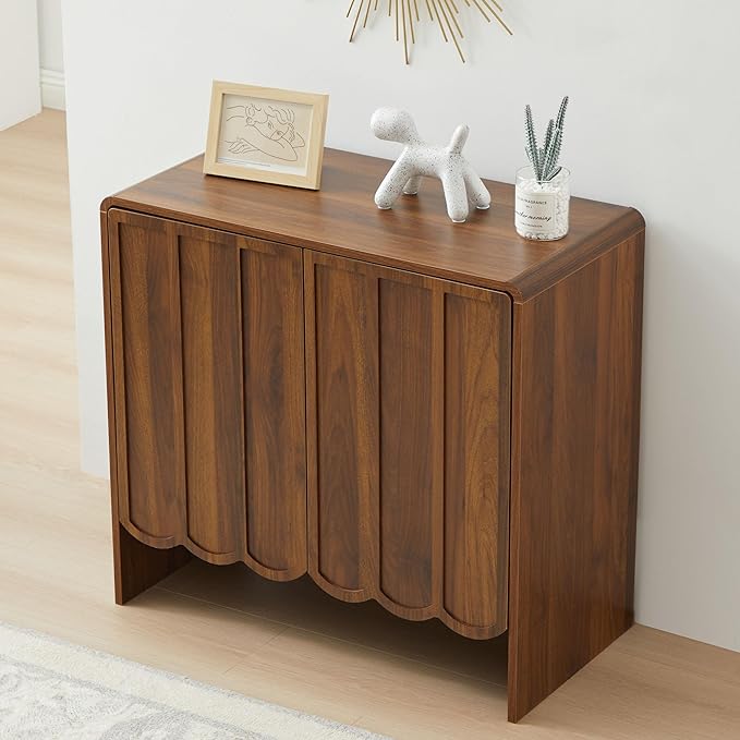 ORRD Sideboard Buffet Cabinet, Accent Storage Cabinets with 2 Doors, Farmhouse Wood Cabinet with Adjustable Shelves and Wave Panel for Living Room, Dining Room, Entry - Walnut