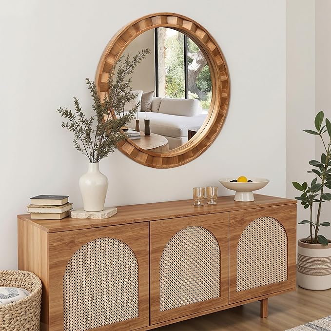 LuxenHome 28-Inch Round Wall Mirror, Large Solid Wood Framed Accent Wall Mounted Mirror, Farmhouse Decorative Wooden Circle Mirrors for Bathroom, Entryway, Living Room, Bedroom Hanging Home Decor