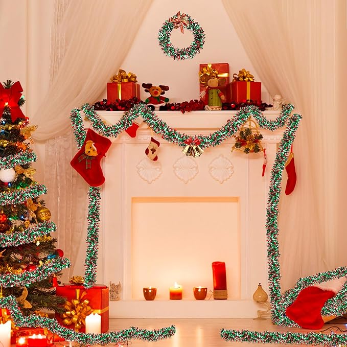 50 Feet Red Green Silver Christmas Tinsel Garland - Metallic Twist Shiny for Tree Decorations, Xmas Hanging Decor for Home Mantle Indoor Outdoor Holiday Party