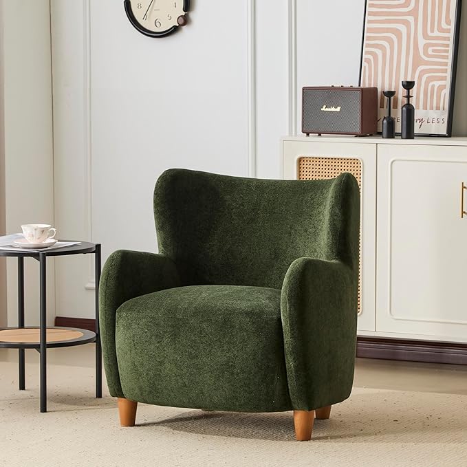 Christopher Knight Home Auden Wooden Low Profile Accent Chair, Velvet Upholstered Wingback Living Room Lounge Chair, Bedroom Comfy Reading Chair, Curved Backrest Single Sofa with Armrest, Olive Green