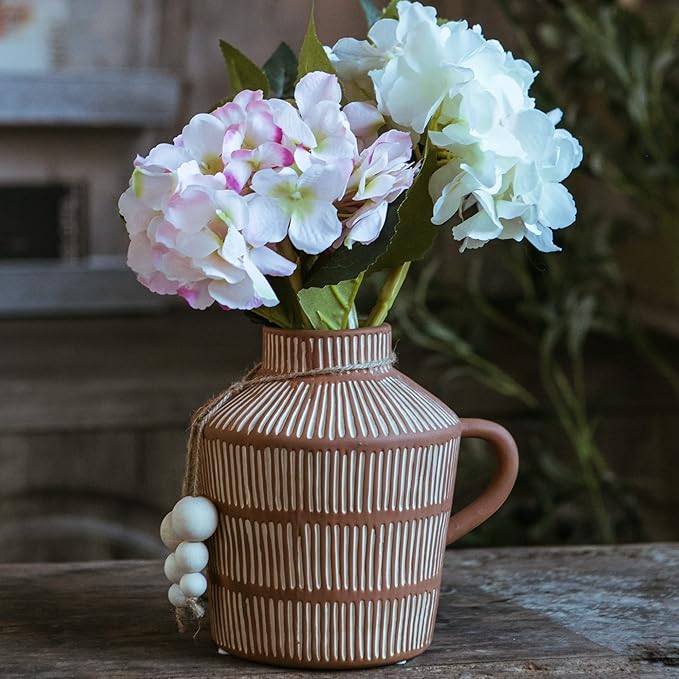 Rustic Farmhouse Vase with Handle and Boho Wooden Beads - Terracotta Vase with Vertical Stripes for Vintage Home Decor