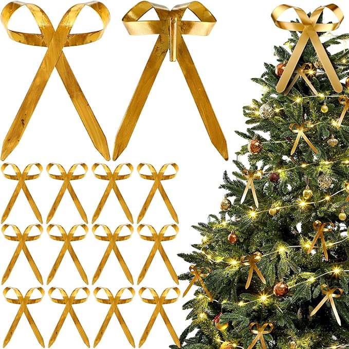 12 Pcs 2025 Metal Christmas Bow Ornaments for Christmas Tree Garland Wreath Bulk Bow with Clip Ornament Vintage Indoor Outdoor Home Xmas Party Decorations, 4 x 5 Inches (Old Gold)