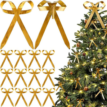 12 Pcs 2025 Metal Christmas Bow Ornaments for Christmas Tree Garland Wreath Bulk Bow with Clip Ornament Vintage Indoor Outdoor Home Xmas Party Decorations, 4 x 5 Inches (Old Gold)