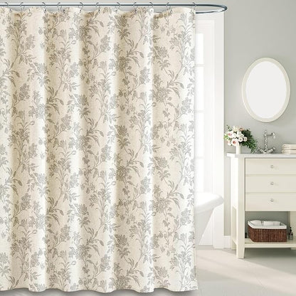 Vintage Farmhouse Shower Curtain for Bathroom Grey Shower Curtain Floral Cotton Linen 72" W x 72" L