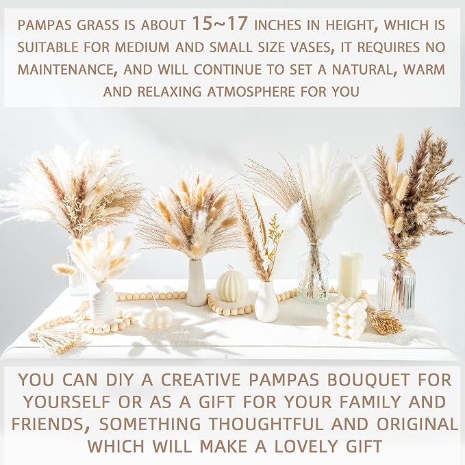 120PCS Natural Dried Pampas Grass Boho Home Decor Bouquet Phragmites Dried Flowers Bouquet for Wedding Floral Arrangements Home Decorations (120PCS)