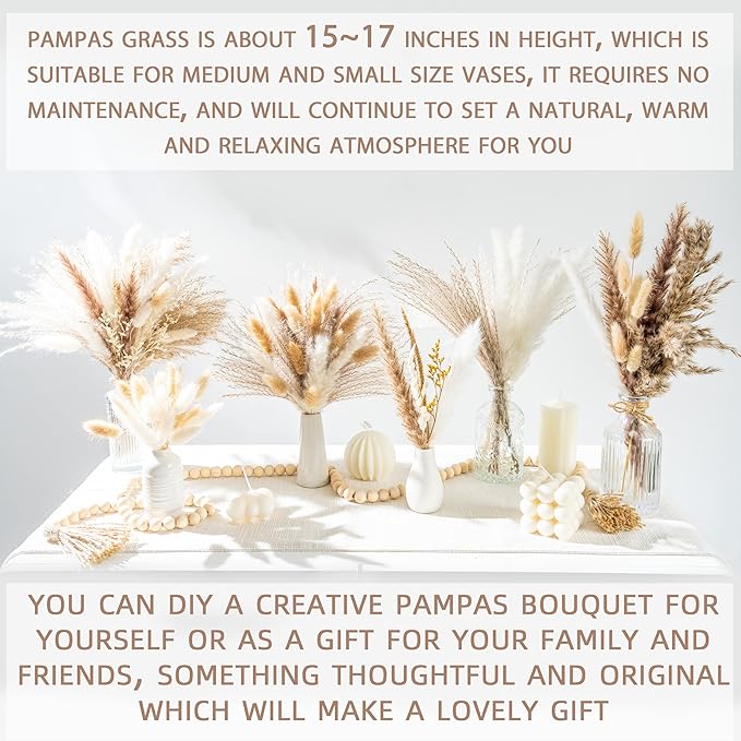 180PCS Natural Dried Pampas Grass Boho Home Decor Bouquet Phragmites Dried Flowers Bouquet for Wedding Floral Arrangements Home Decorations (180PCS)
