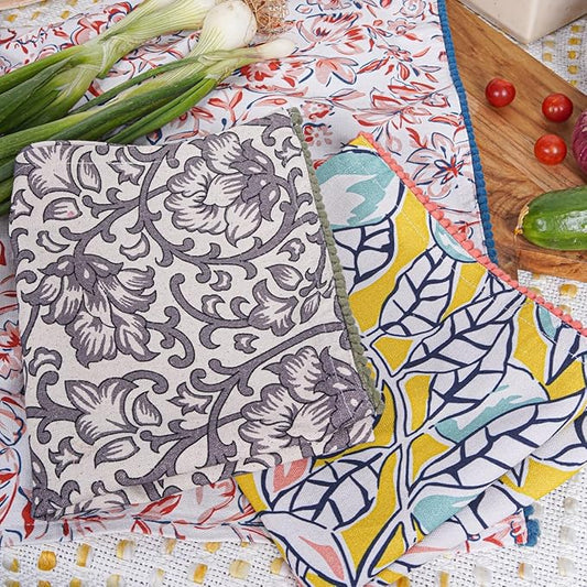 TARAN LIVING Printed Kitchen Dish Bar and Tea Towels Cotton, 18x28 inch with Trims, Cotton Dish Towel Sets (Multicolor, Set of 3)