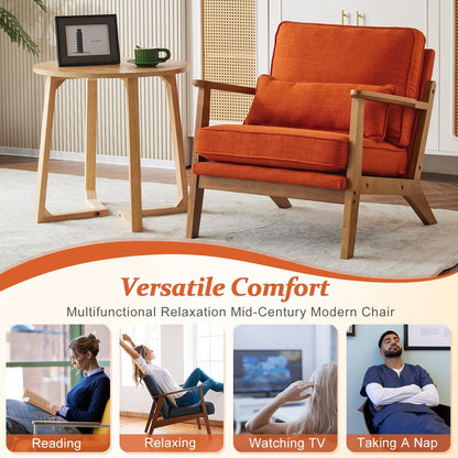 VINGLI Solid Wood Wide Armrests Accent Chair,Upholstered Mid Century Modern Chair with Pillow,Comfy Reading Chair Farmhouse Arm Chair,Chairs Living Room,Bedroom,Guest Room,Teddy Fleece,Khaki