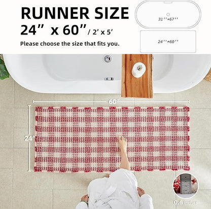 Waffle Runner Rug Bathroom, Long Boho Bathroom Rugs Non Slip Washable Absorbent Checkered Bathroom Mat Quick Dry Cute Bath Mat, 60"x24" Red and White