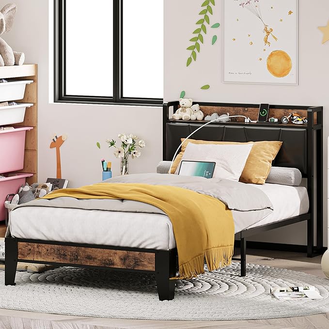 LIKIMIO Twin Bed Frame, Storage Headboard with Charging Station, Solid and Stable, Noise Free, No Box Spring Needed, Easy Assembly (Vintage and Black)